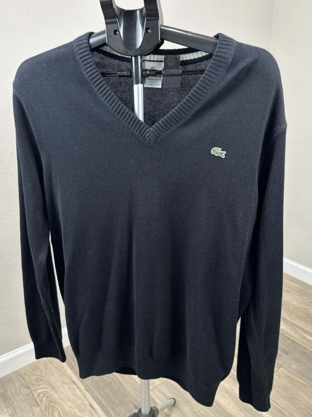 Lacoste Men’s Size 5 L Black 100% Cotton V-Neck Pullover Sweater Crocodile Logo